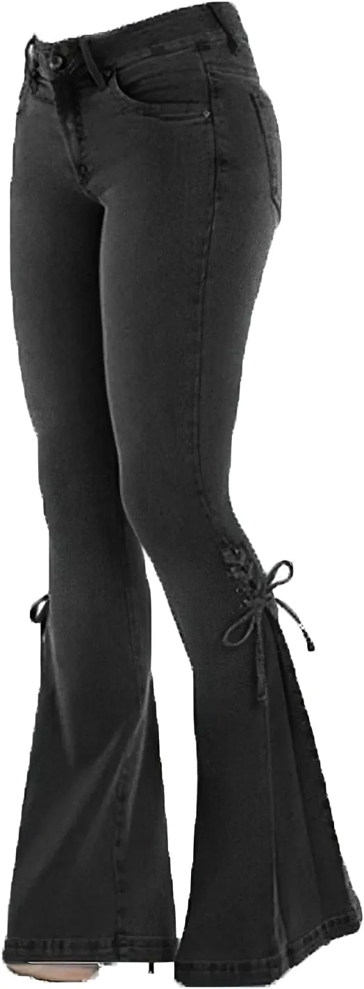 Akivide Women's Plus Size Bell Bottom Jeans Stretchy High Waisted Lace Up Flare Denim Pants Skinny Stretch