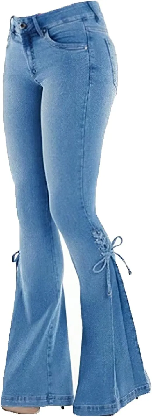 Akivide Women's Plus Size Bell Bottom Jeans Stretchy High Waisted Lace Up Flare Denim Pants Skinny Stretch