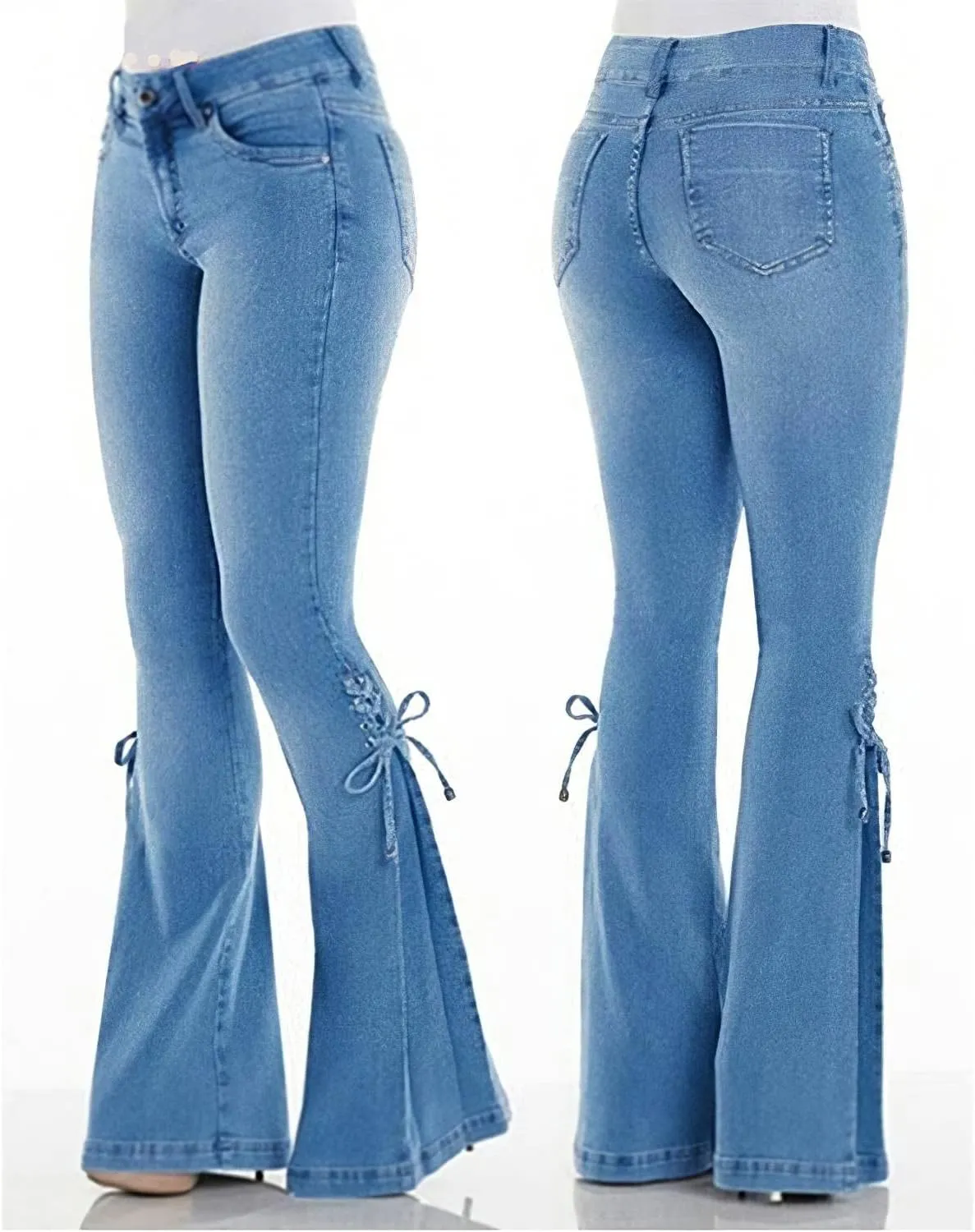 Akivide Women's Plus Size Bell Bottom Jeans Stretchy High Waisted Lace Up Flare Denim Pants Skinny Stretch