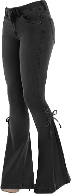 Akivide Women's Plus Size Bell Bottom Jeans Stretchy High Waisted Lace Up Flare Denim Pants Skinny Stretch