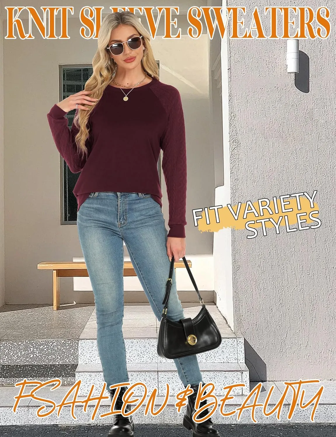 Buauty Womens Sweatshirts Crewneck Cable Knit Sleeve Pullover Sweaters Lightweight Fall Fashion Casual Tunic Tops