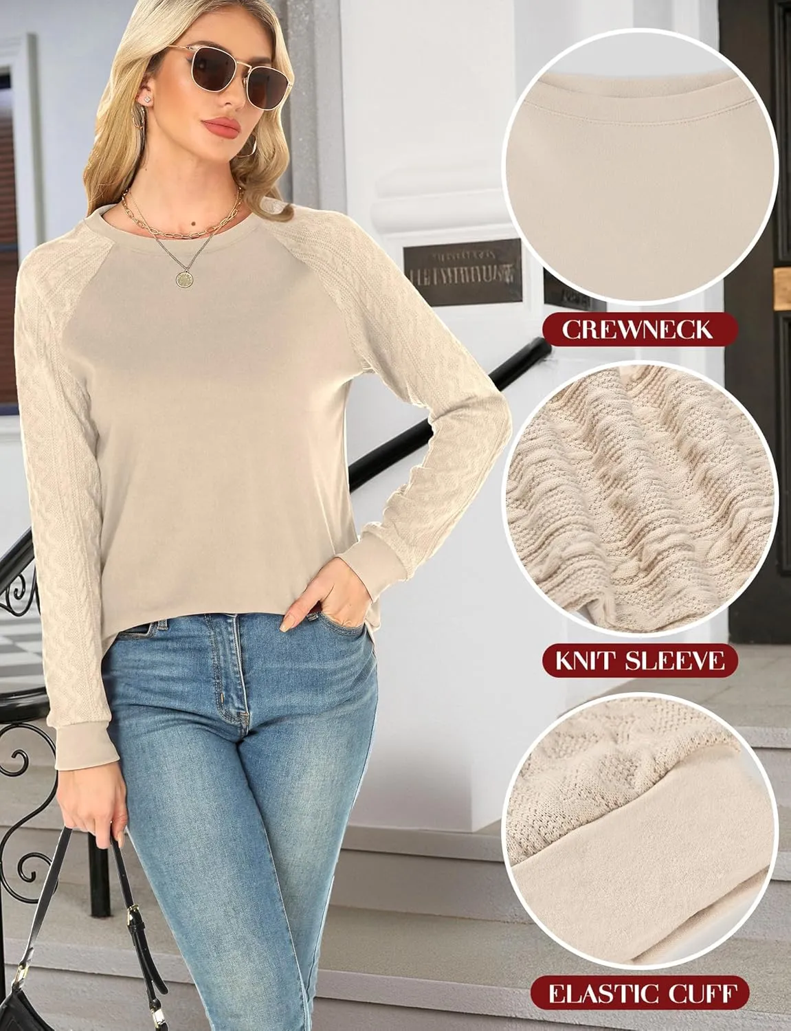 Buauty Womens Sweatshirts Crewneck Cable Knit Sleeve Pullover Sweaters Lightweight Fall Fashion Casual Tunic Tops