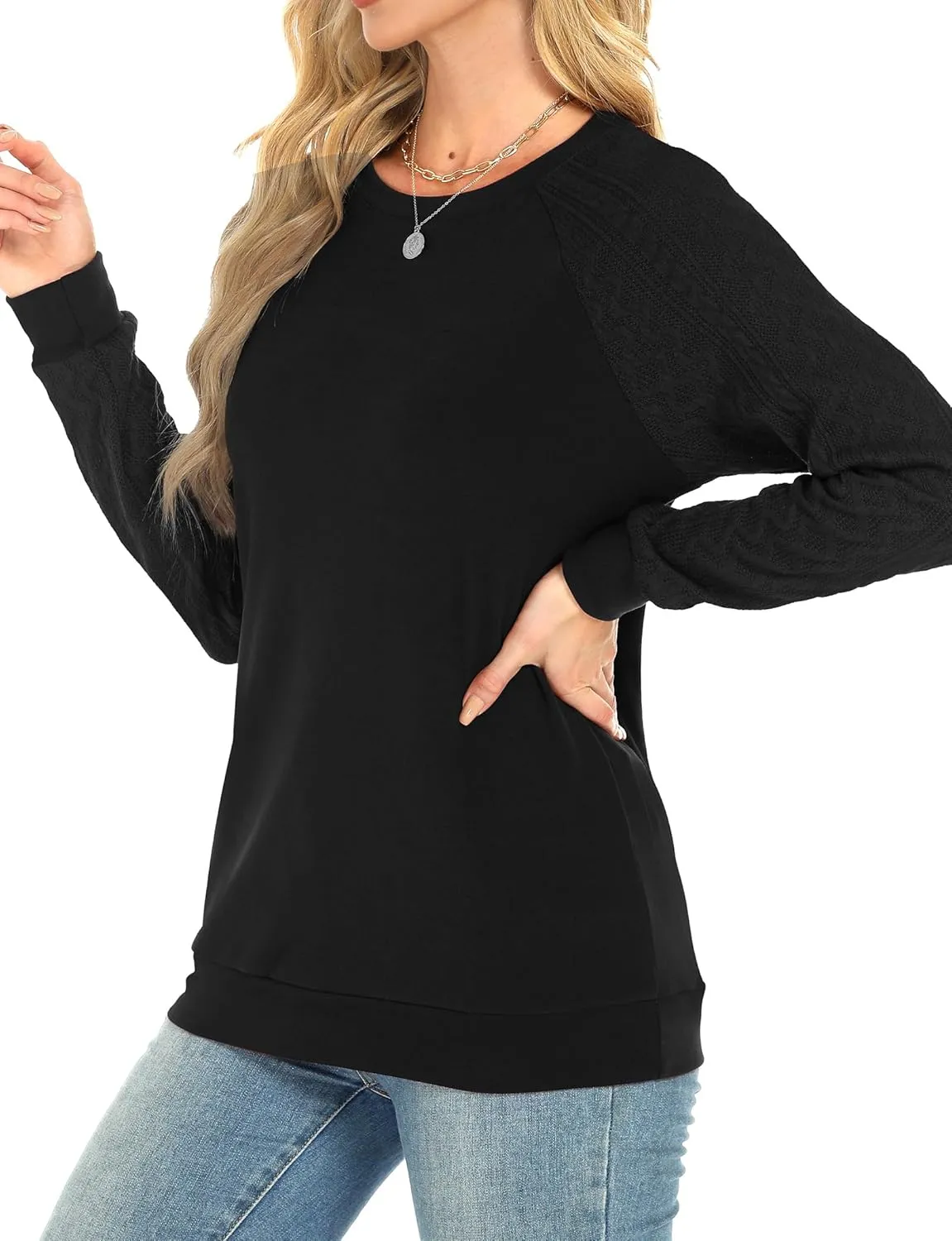 Buauty Womens Sweatshirts Crewneck Cable Knit Sleeve Pullover Sweaters Lightweight Fall Fashion Casual Tunic Tops