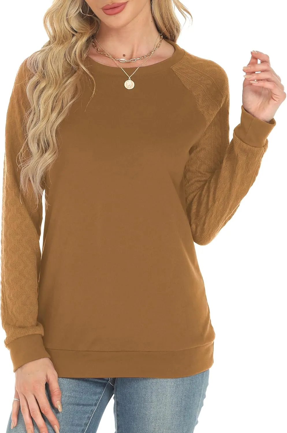 Buauty Womens Sweatshirts Crewneck Cable Knit Sleeve Pullover Sweaters Lightweight Fall Fashion Casual Tunic Tops