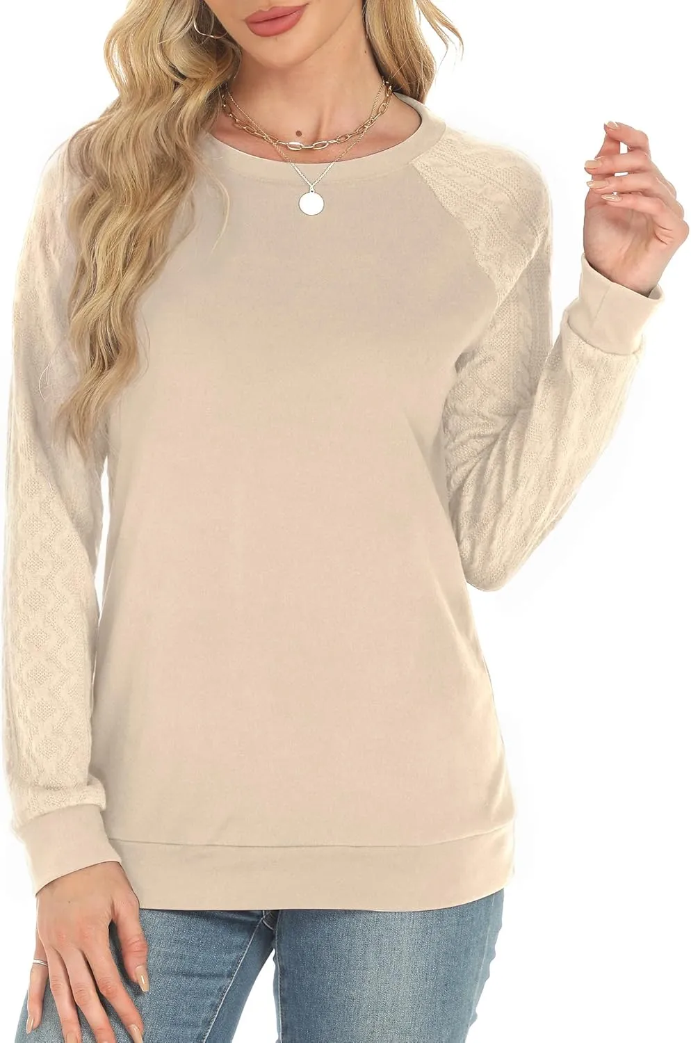 Buauty Womens Sweatshirts Crewneck Cable Knit Sleeve Pullover Sweaters Lightweight Fall Fashion Casual Tunic Tops