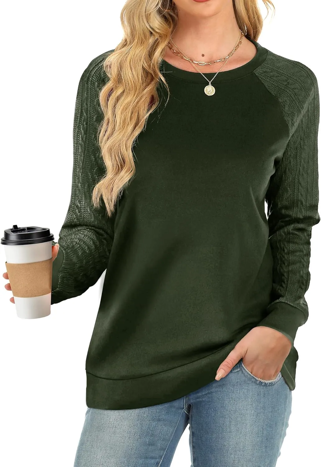 Buauty Womens Sweatshirts Crewneck Cable Knit Sleeve Pullover Sweaters Lightweight Fall Fashion Casual Tunic Tops
