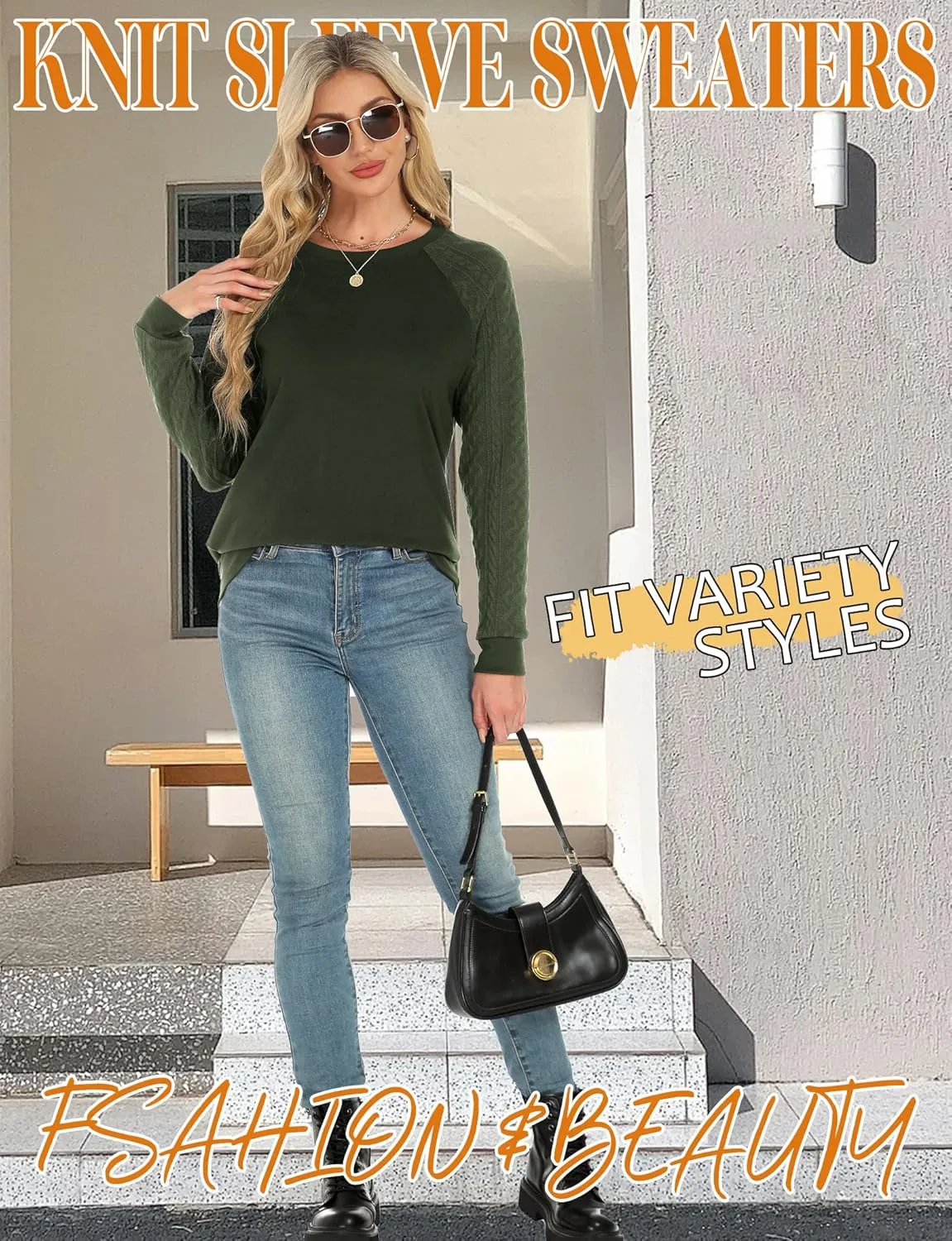 Buauty Womens Sweatshirts Crewneck Cable Knit Sleeve Pullover Sweaters Lightweight Fall Fashion Casual Tunic Tops