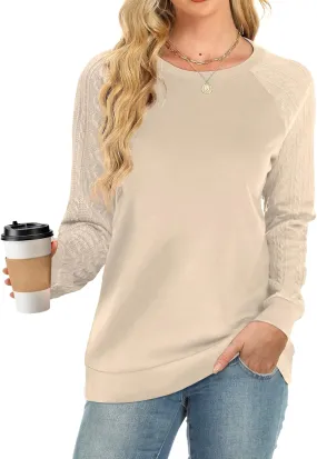 Buauty Womens Sweatshirts Crewneck Cable Knit Sleeve Pullover Sweaters Lightweight Fall Fashion Casual Tunic Tops