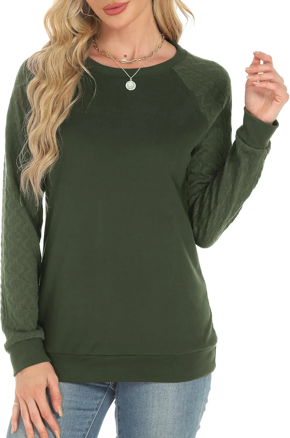 Buauty Womens Sweatshirts Crewneck Cable Knit Sleeve Pullover Sweaters Lightweight Fall Fashion Casual Tunic Tops