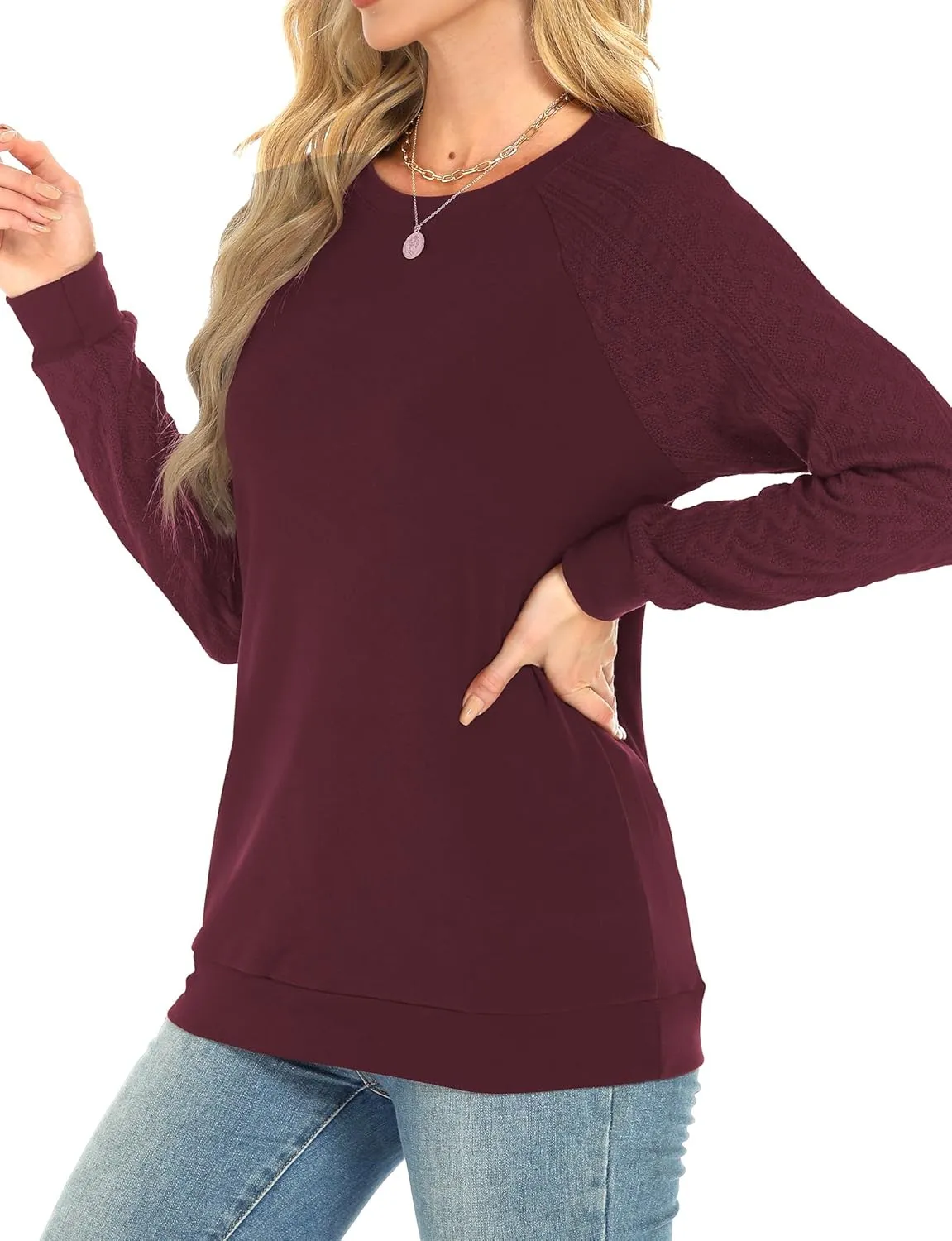 Buauty Womens Sweatshirts Crewneck Cable Knit Sleeve Pullover Sweaters Lightweight Fall Fashion Casual Tunic Tops