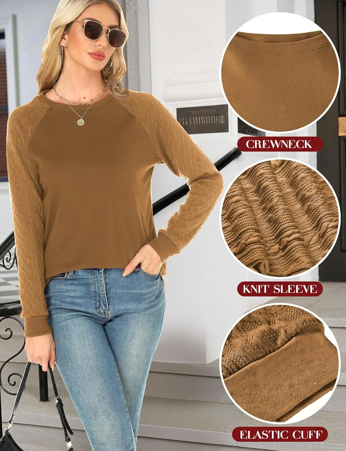 Buauty Womens Sweatshirts Crewneck Cable Knit Sleeve Pullover Sweaters Lightweight Fall Fashion Casual Tunic Tops