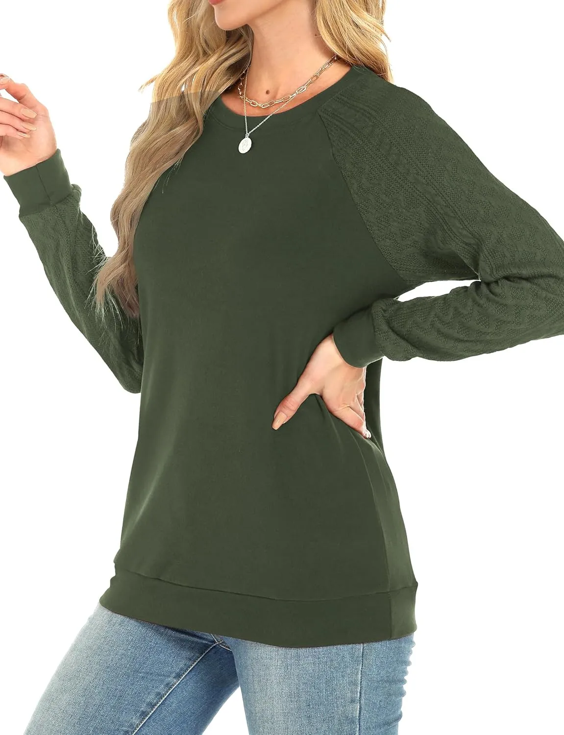 Buauty Womens Sweatshirts Crewneck Cable Knit Sleeve Pullover Sweaters Lightweight Fall Fashion Casual Tunic Tops