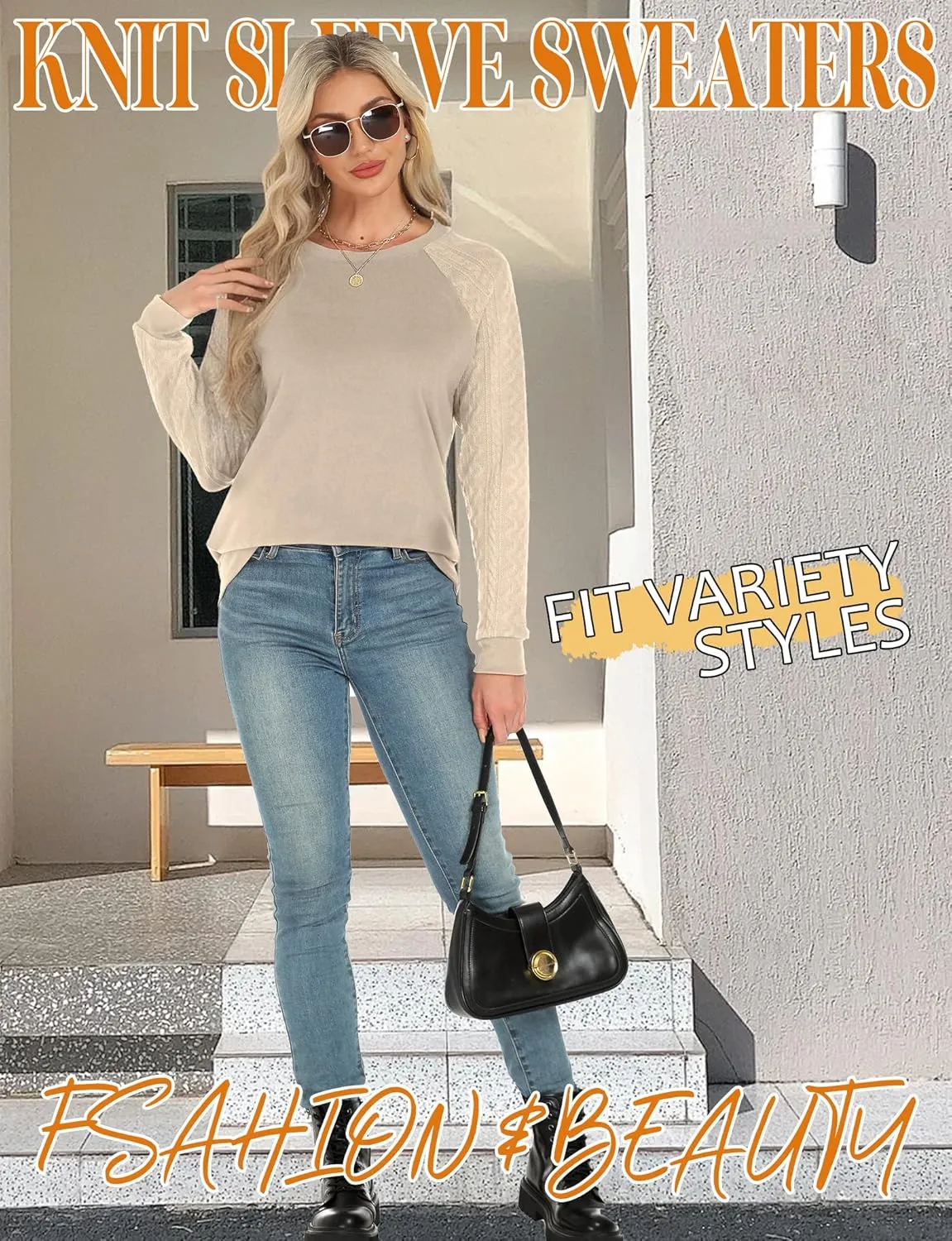Buauty Womens Sweatshirts Crewneck Cable Knit Sleeve Pullover Sweaters Lightweight Fall Fashion Casual Tunic Tops