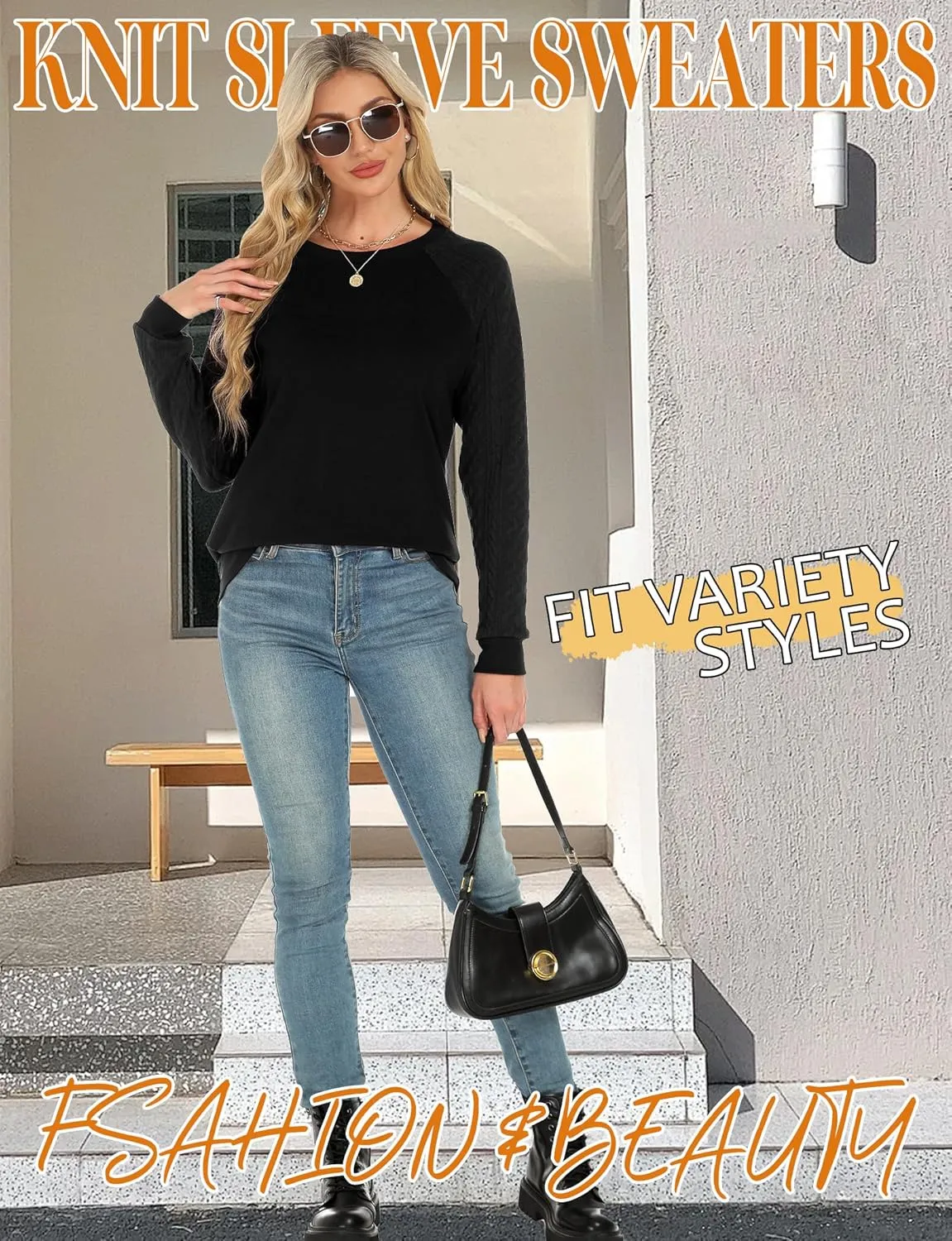 Buauty Womens Sweatshirts Crewneck Cable Knit Sleeve Pullover Sweaters Lightweight Fall Fashion Casual Tunic Tops