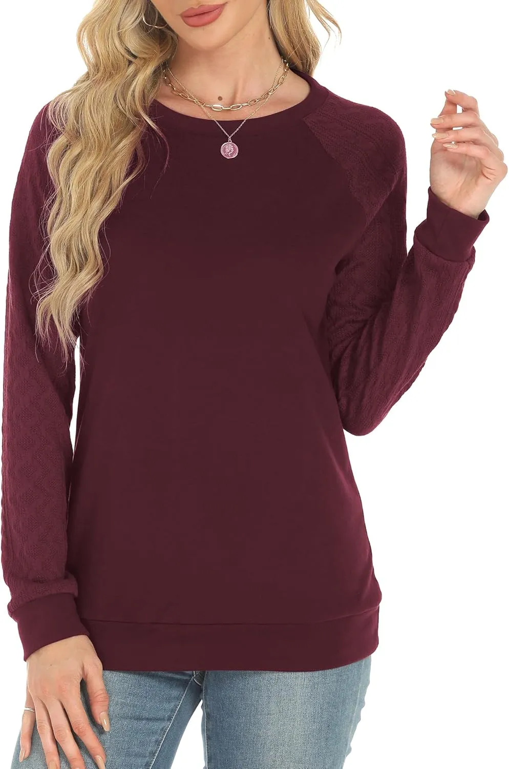 Buauty Womens Sweatshirts Crewneck Cable Knit Sleeve Pullover Sweaters Lightweight Fall Fashion Casual Tunic Tops