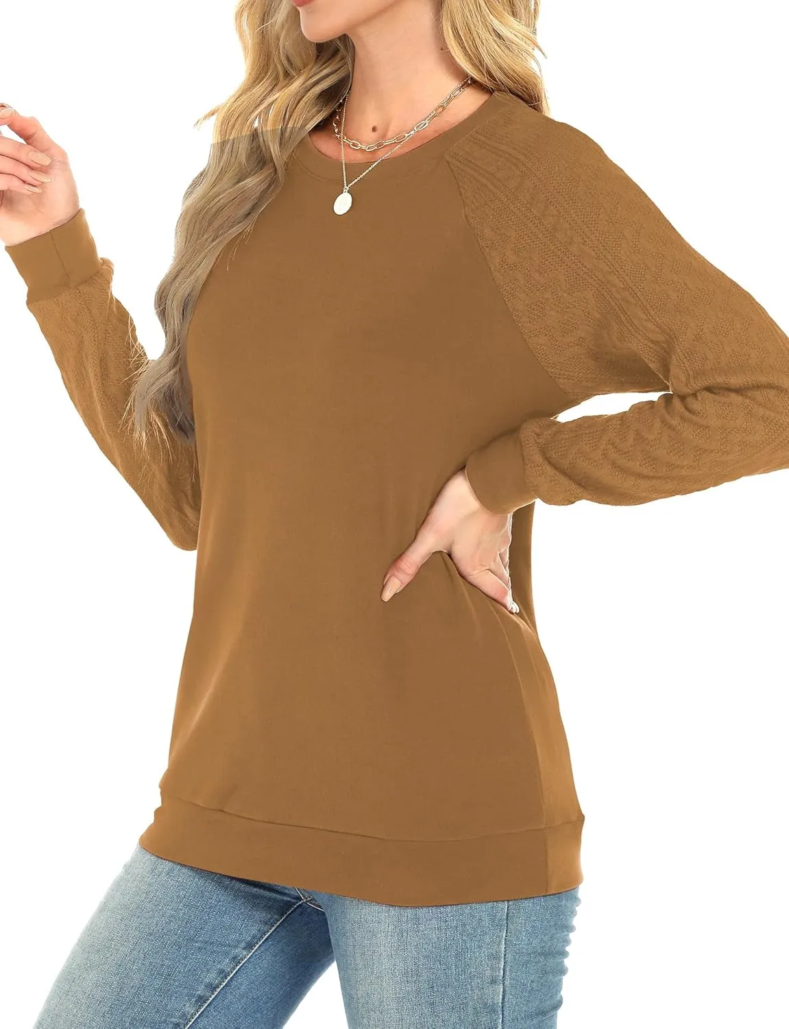 Buauty Womens Sweatshirts Crewneck Cable Knit Sleeve Pullover Sweaters Lightweight Fall Fashion Casual Tunic Tops