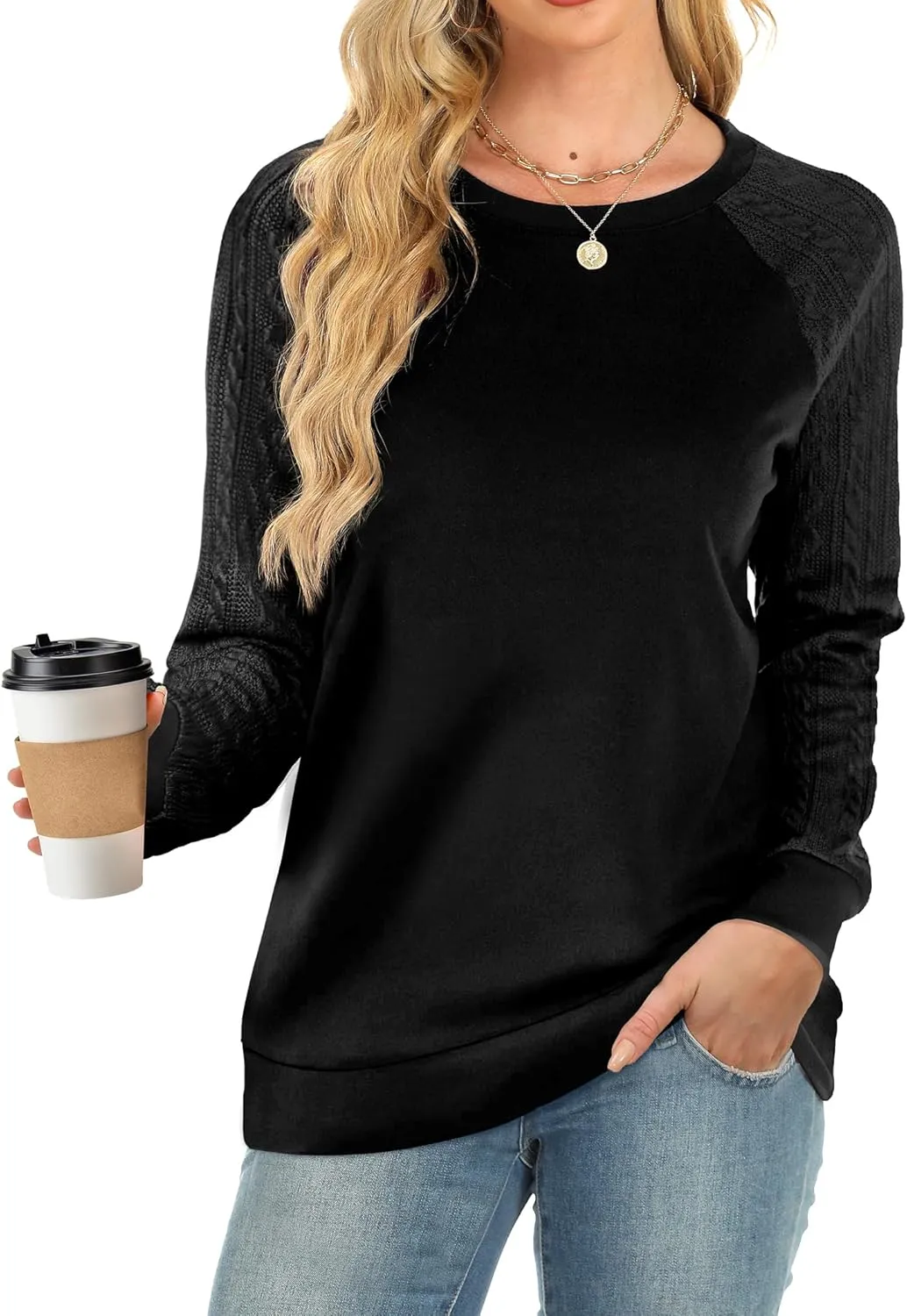 Buauty Womens Sweatshirts Crewneck Cable Knit Sleeve Pullover Sweaters Lightweight Fall Fashion Casual Tunic Tops