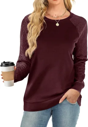 Buauty Womens Sweatshirts Crewneck Cable Knit Sleeve Pullover Sweaters Lightweight Fall Fashion Casual Tunic Tops