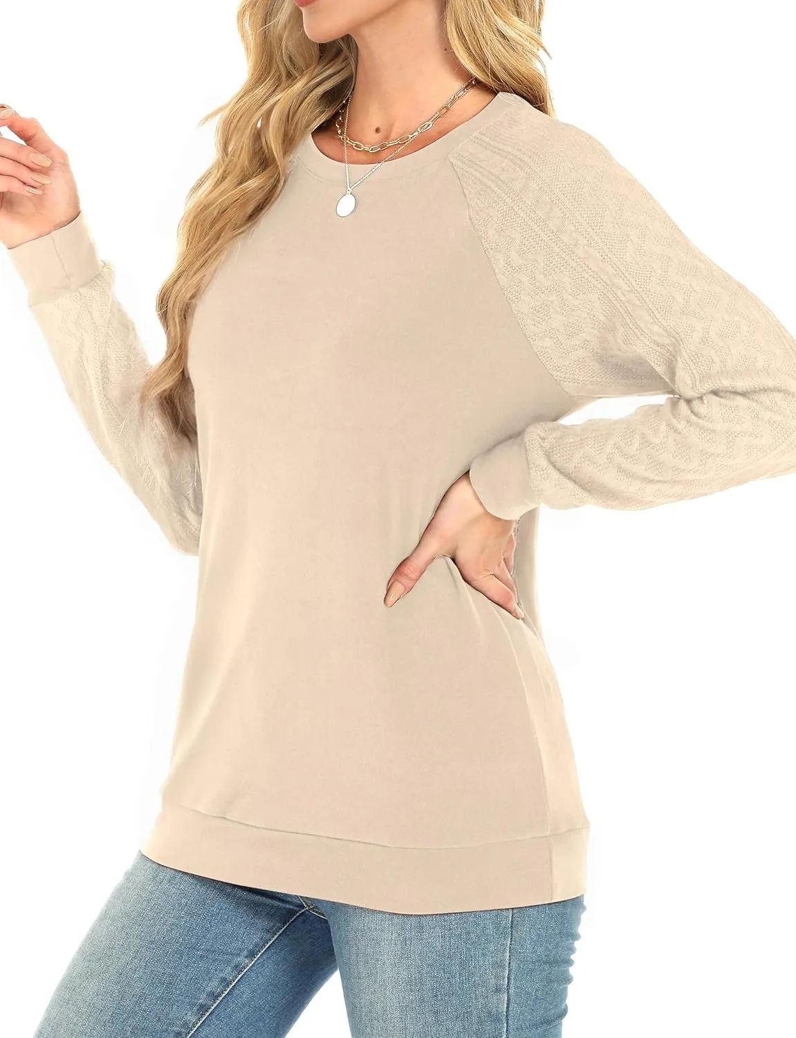 Buauty Womens Sweatshirts Crewneck Cable Knit Sleeve Pullover Sweaters Lightweight Fall Fashion Casual Tunic Tops