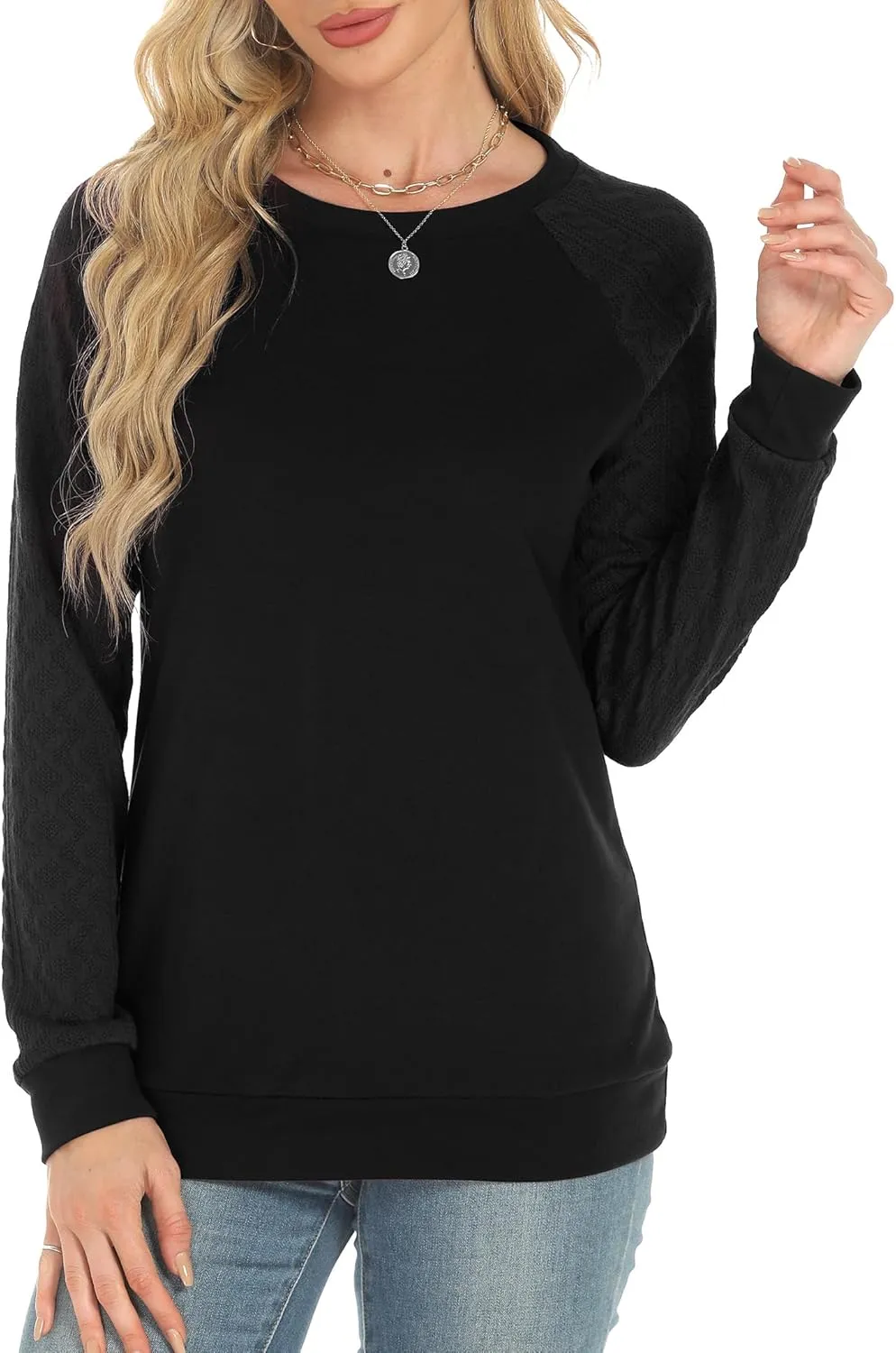 Buauty Womens Sweatshirts Crewneck Cable Knit Sleeve Pullover Sweaters Lightweight Fall Fashion Casual Tunic Tops