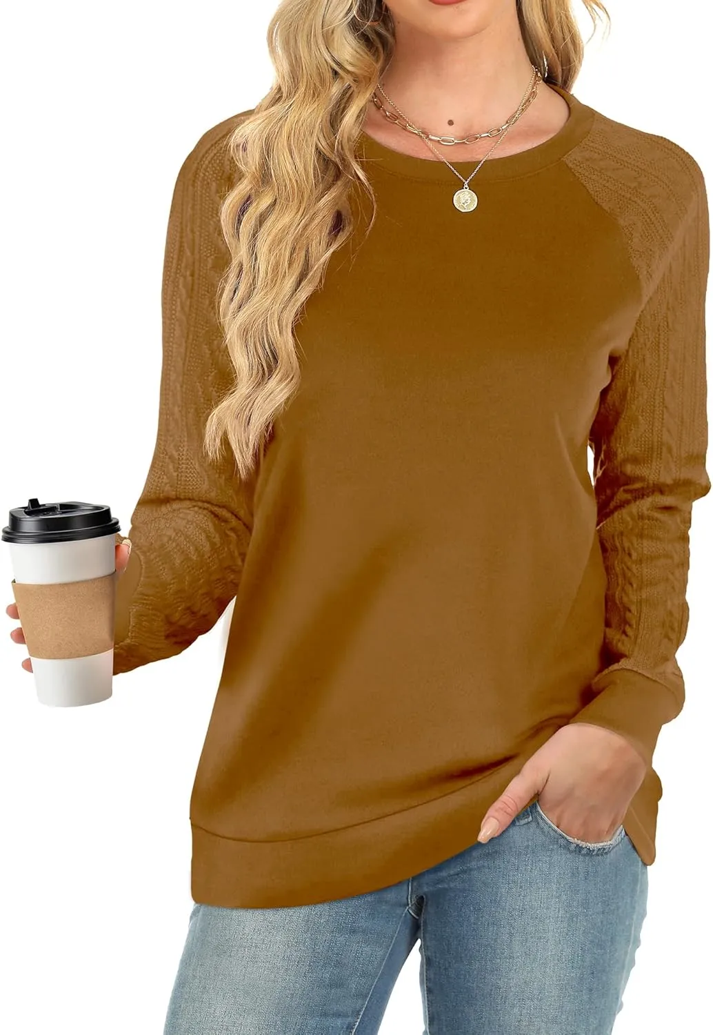 Buauty Womens Sweatshirts Crewneck Cable Knit Sleeve Pullover Sweaters Lightweight Fall Fashion Casual Tunic Tops