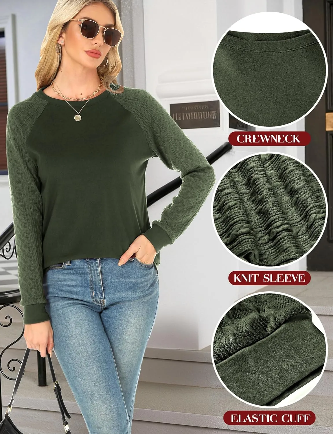 Buauty Womens Sweatshirts Crewneck Cable Knit Sleeve Pullover Sweaters Lightweight Fall Fashion Casual Tunic Tops