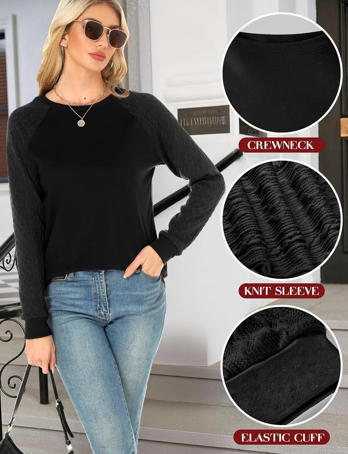 Buauty Womens Sweatshirts Crewneck Cable Knit Sleeve Pullover Sweaters Lightweight Fall Fashion Casual Tunic Tops