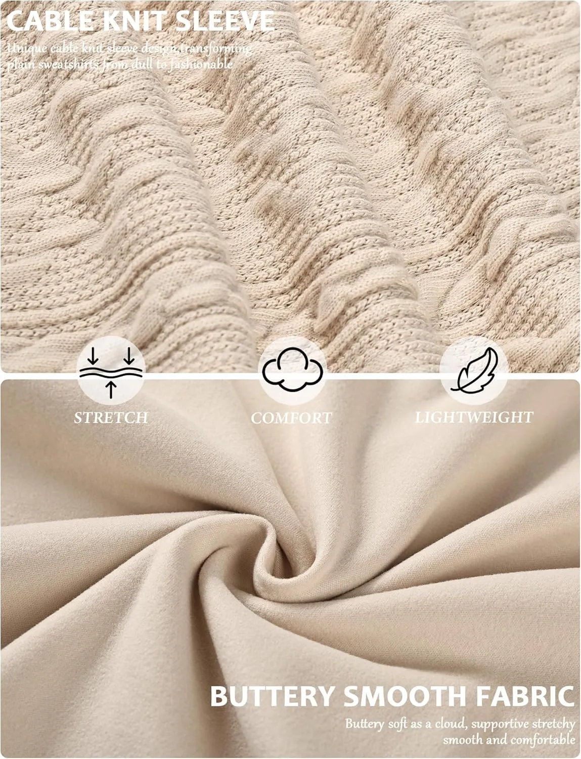 Buauty Womens Sweatshirts Crewneck Cable Knit Sleeve Pullover Sweaters Lightweight Fall Fashion Casual Tunic Tops
