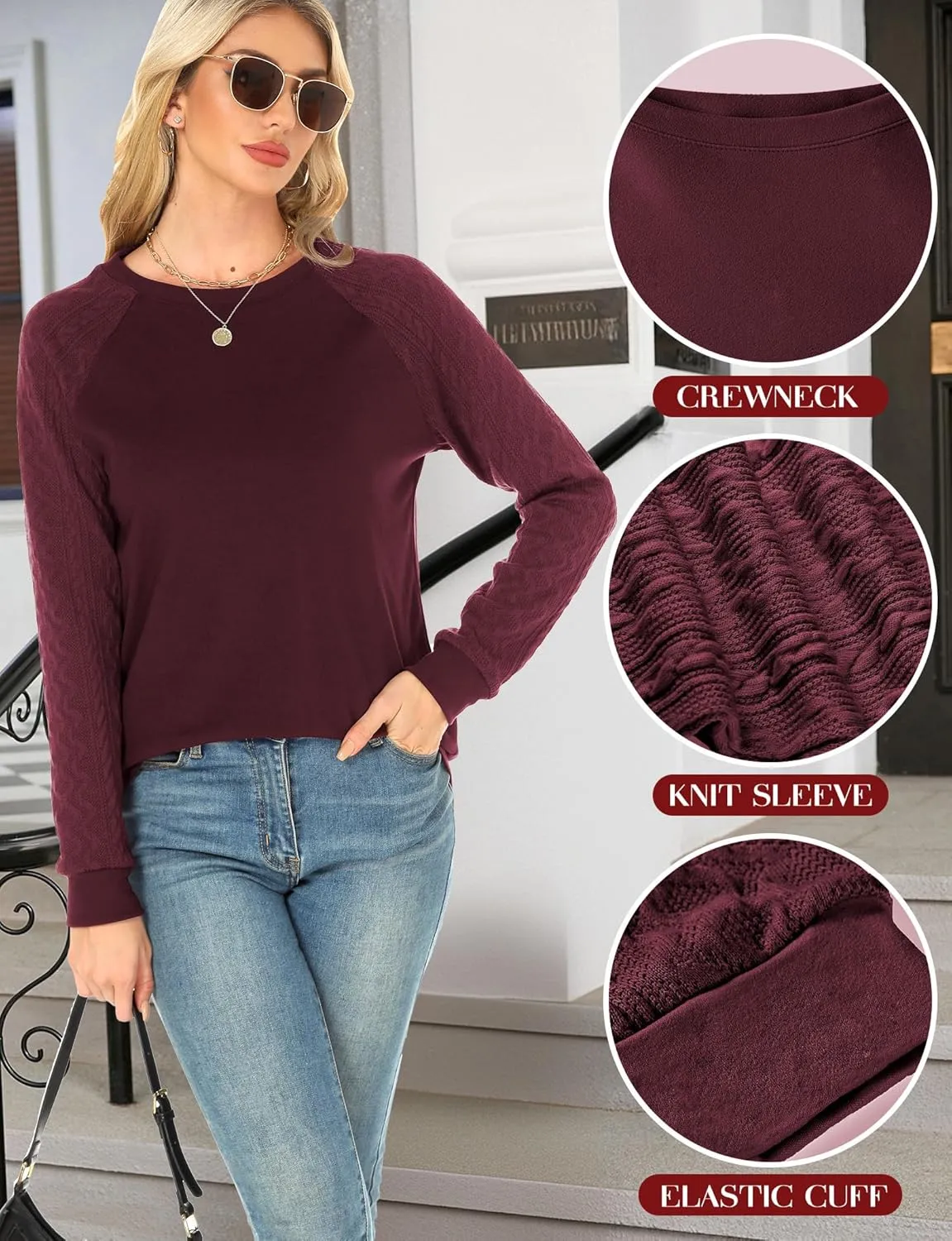 Buauty Womens Sweatshirts Crewneck Cable Knit Sleeve Pullover Sweaters Lightweight Fall Fashion Casual Tunic Tops