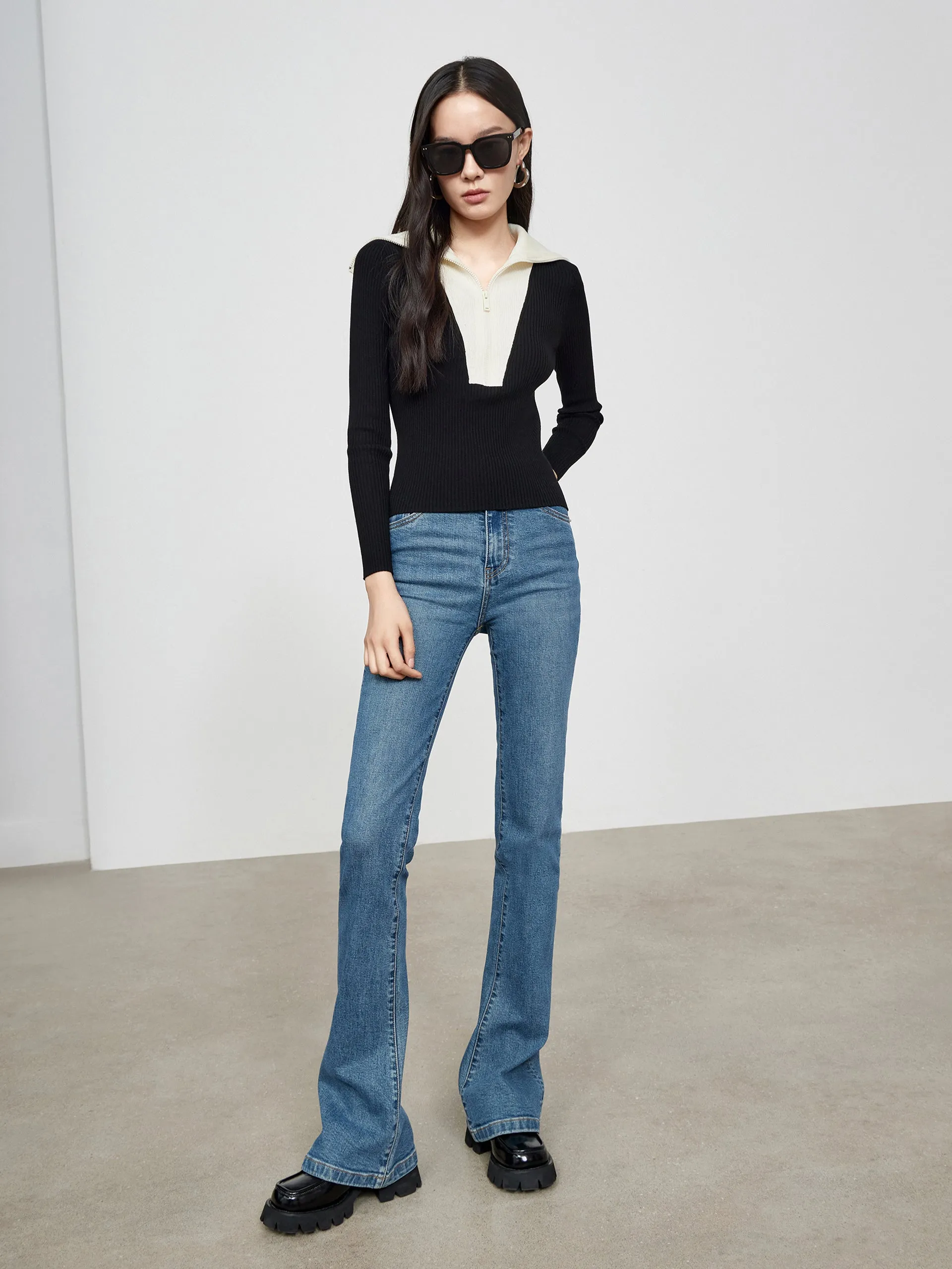 Contrast Lapel Collar Knit Top