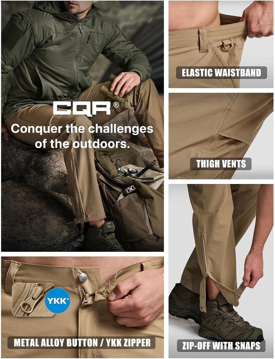 CQR Men's Convertible Cargo Tactical Pants, Water Resistant Outdoor Hiking Pants, Zip Off Lightweight Stretch Work Pants