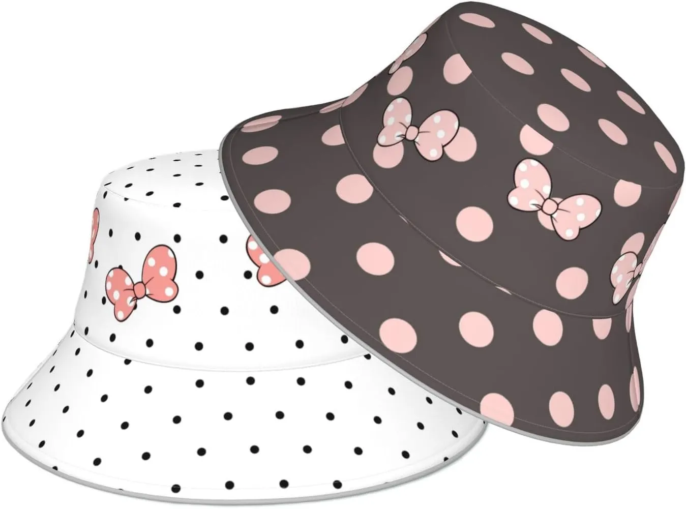 Cute Bow Polka Dot Bucket Hat Reversible, Double-Side-Wear Sun Hat for Women,Summer Travel Beach Packable Fisherman Hat
