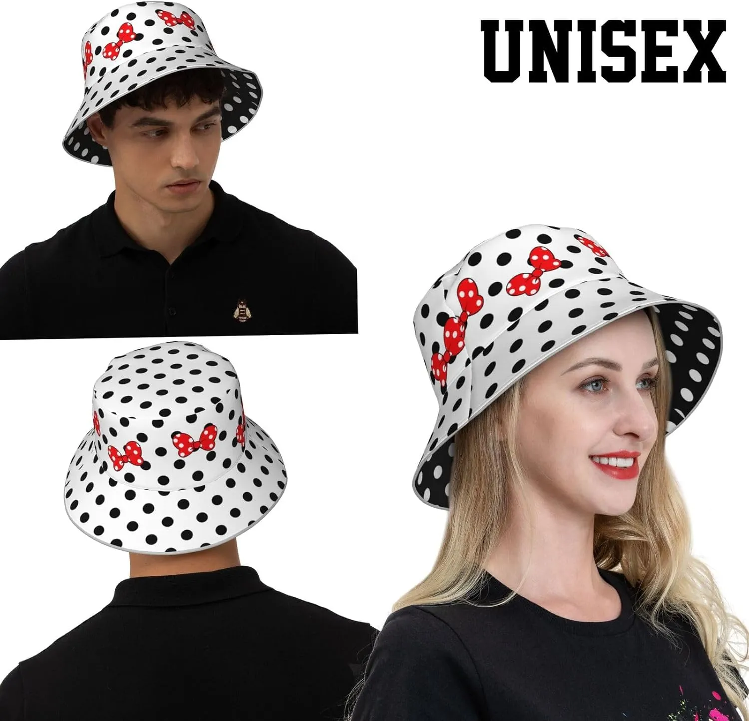 Cute Bow Polka Dot Bucket Hat Reversible, Double-Side-Wear Sun Hat for Women,Summer Travel Beach Packable Fisherman Hat
