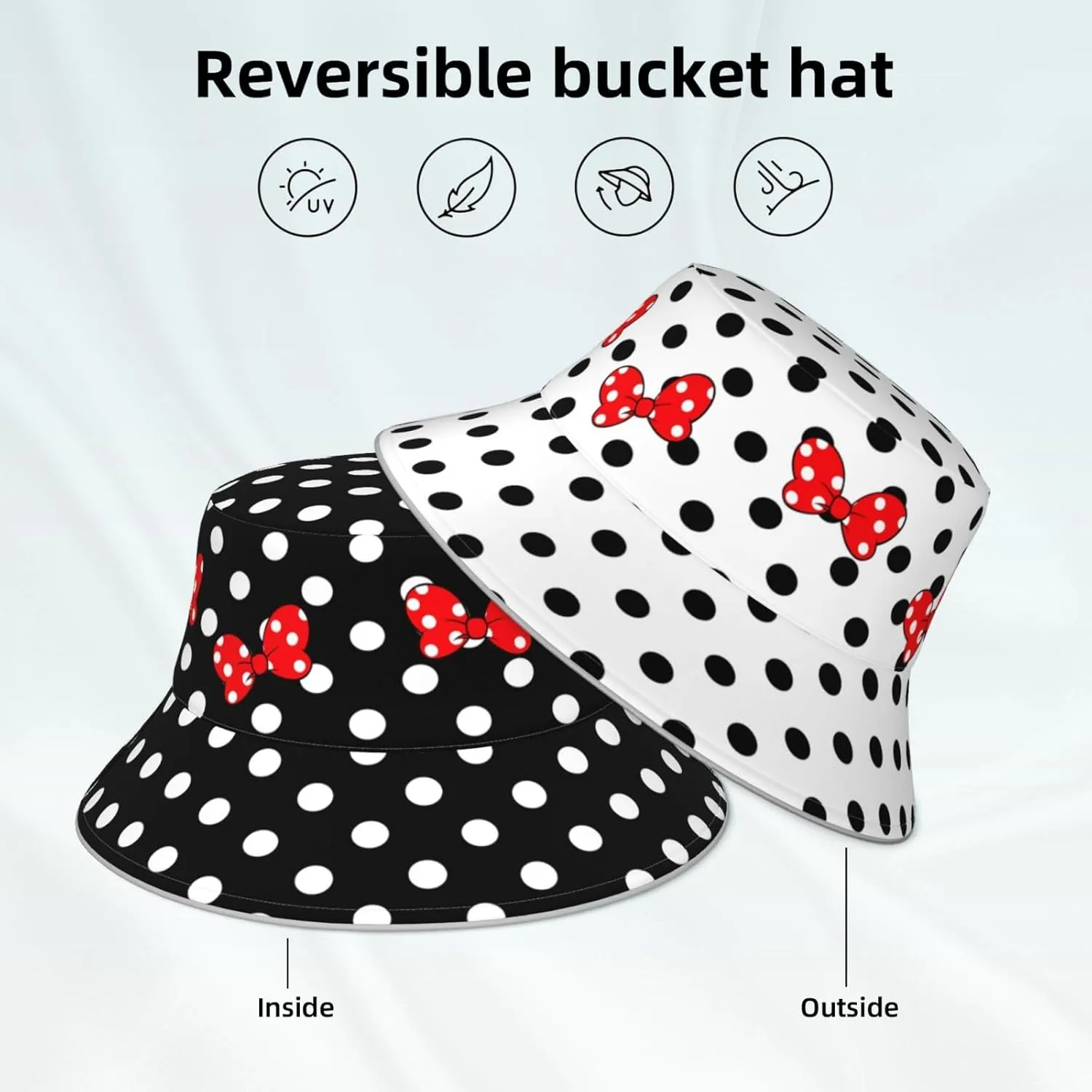 Cute Bow Polka Dot Bucket Hat Reversible, Double-Side-Wear Sun Hat for Women,Summer Travel Beach Packable Fisherman Hat