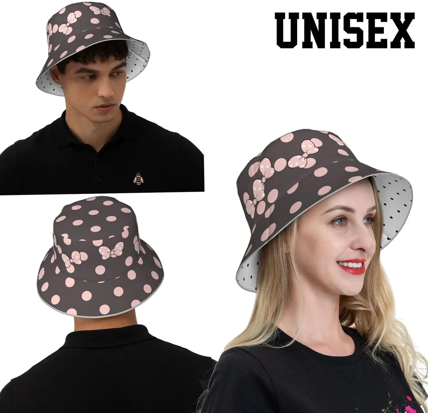 Cute Bow Polka Dot Bucket Hat Reversible, Double-Side-Wear Sun Hat for Women,Summer Travel Beach Packable Fisherman Hat
