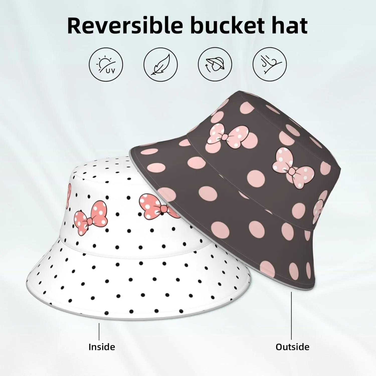 Cute Bow Polka Dot Bucket Hat Reversible, Double-Side-Wear Sun Hat for Women,Summer Travel Beach Packable Fisherman Hat
