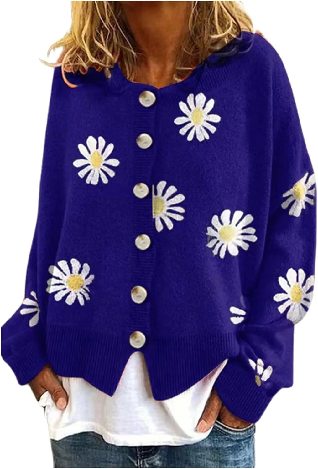 Cute Daisy Flower Cardigan Sweaters for Women Cropped Knit Y2K Top Button Down V Neck Floral Pattern Outwear Outfits