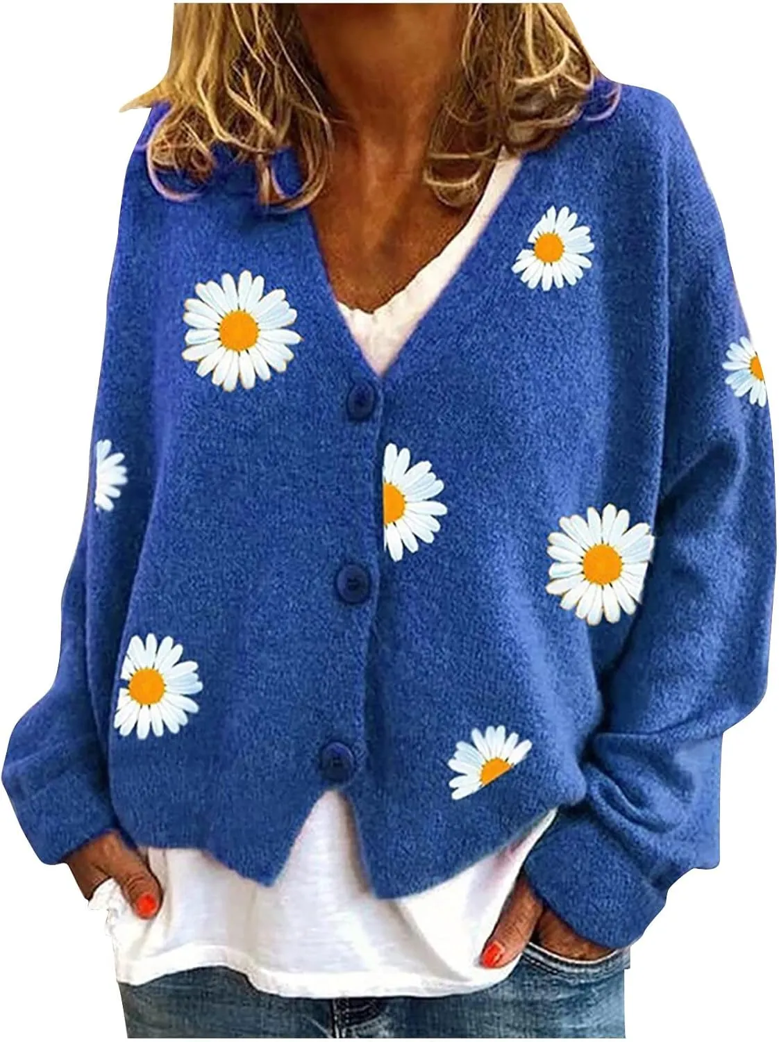 Cute Daisy Flower Cardigan Sweaters for Women Cropped Knit Y2K Top Button Down V Neck Floral Pattern Outwear Outfits