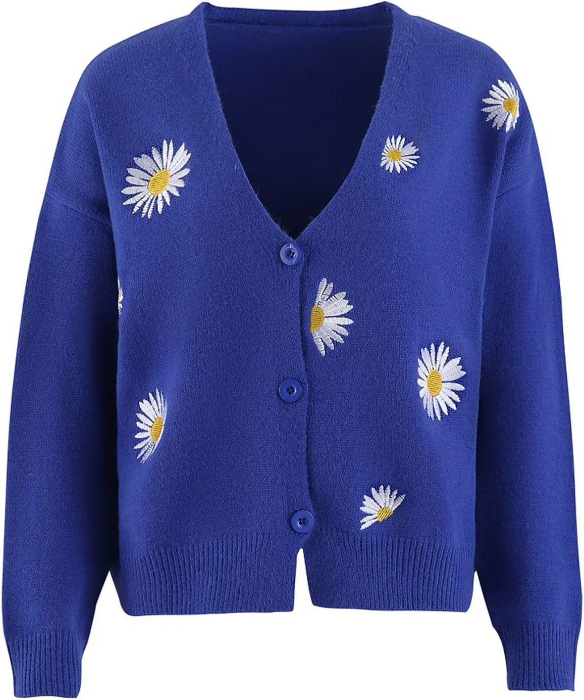 Cute Daisy Flower Cardigan Sweaters for Women Cropped Knit Y2K Top Button Down V Neck Floral Pattern Outwear Outfits