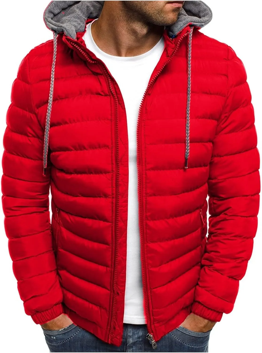 Dgoopd Puffer Jacket Men Lightweight Winter Down Coat Packable Quilted Puffer Jacket Zip up Warm Outerwear Hooded Padded Coat