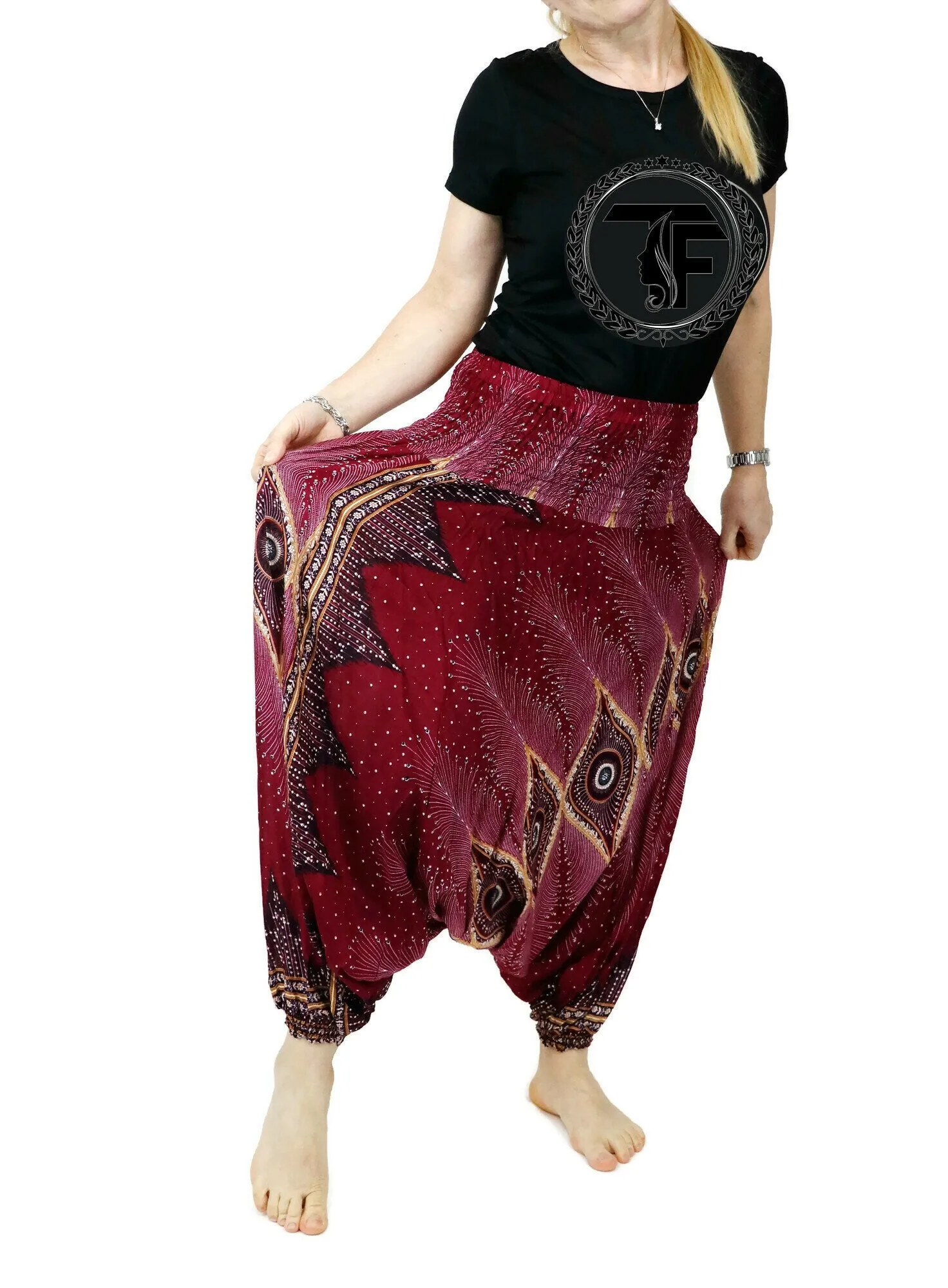 Harem Pants Yoga Pants Hippie Clothes Drop Crotch Peacock Floral Design Gypsy Pants Genie Jumpsuits Rompers PH04 Red