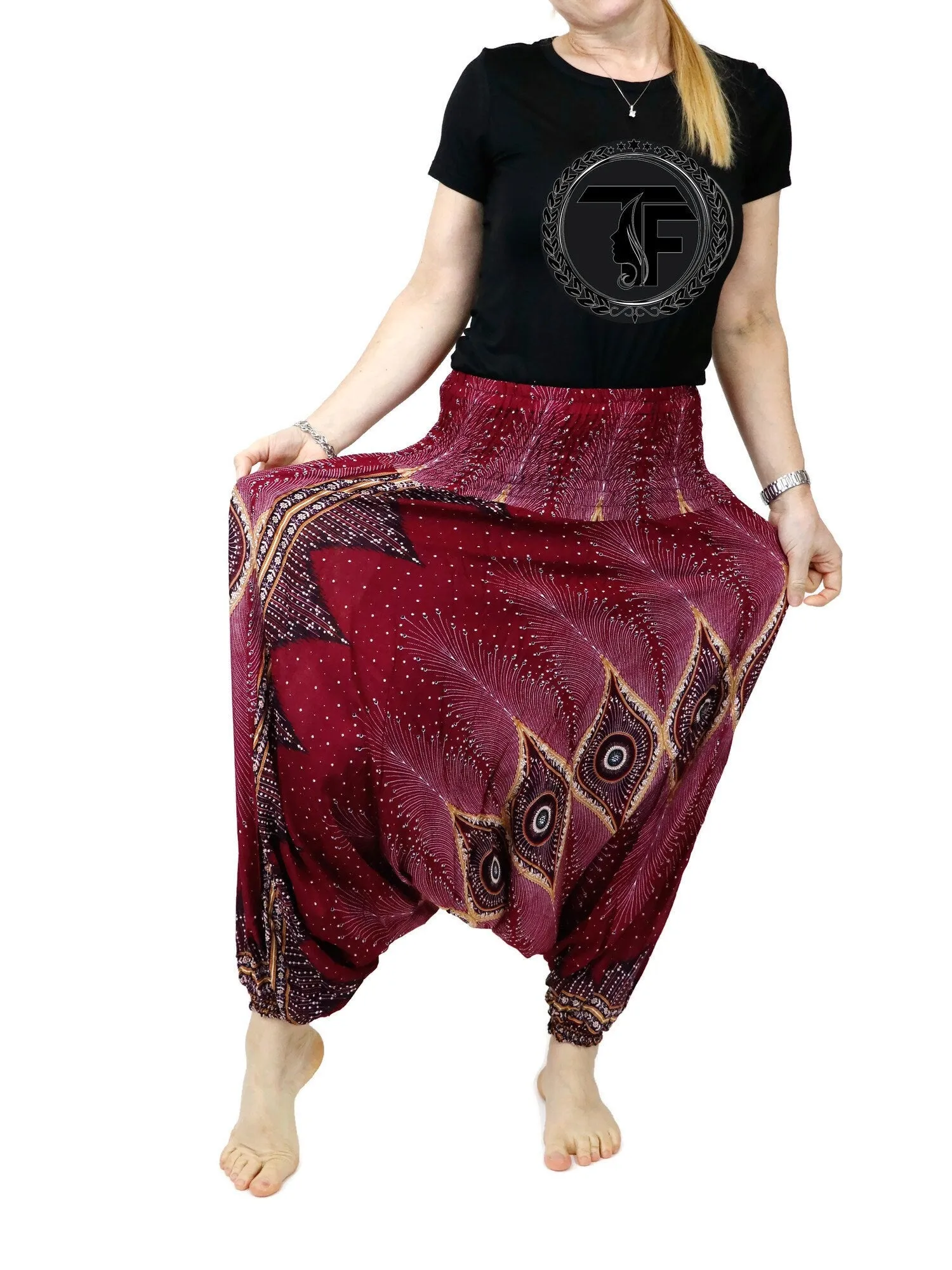Harem Pants Yoga Pants Hippie Clothes Drop Crotch Peacock Floral Design Gypsy Pants Genie Jumpsuits Rompers PH04 Red