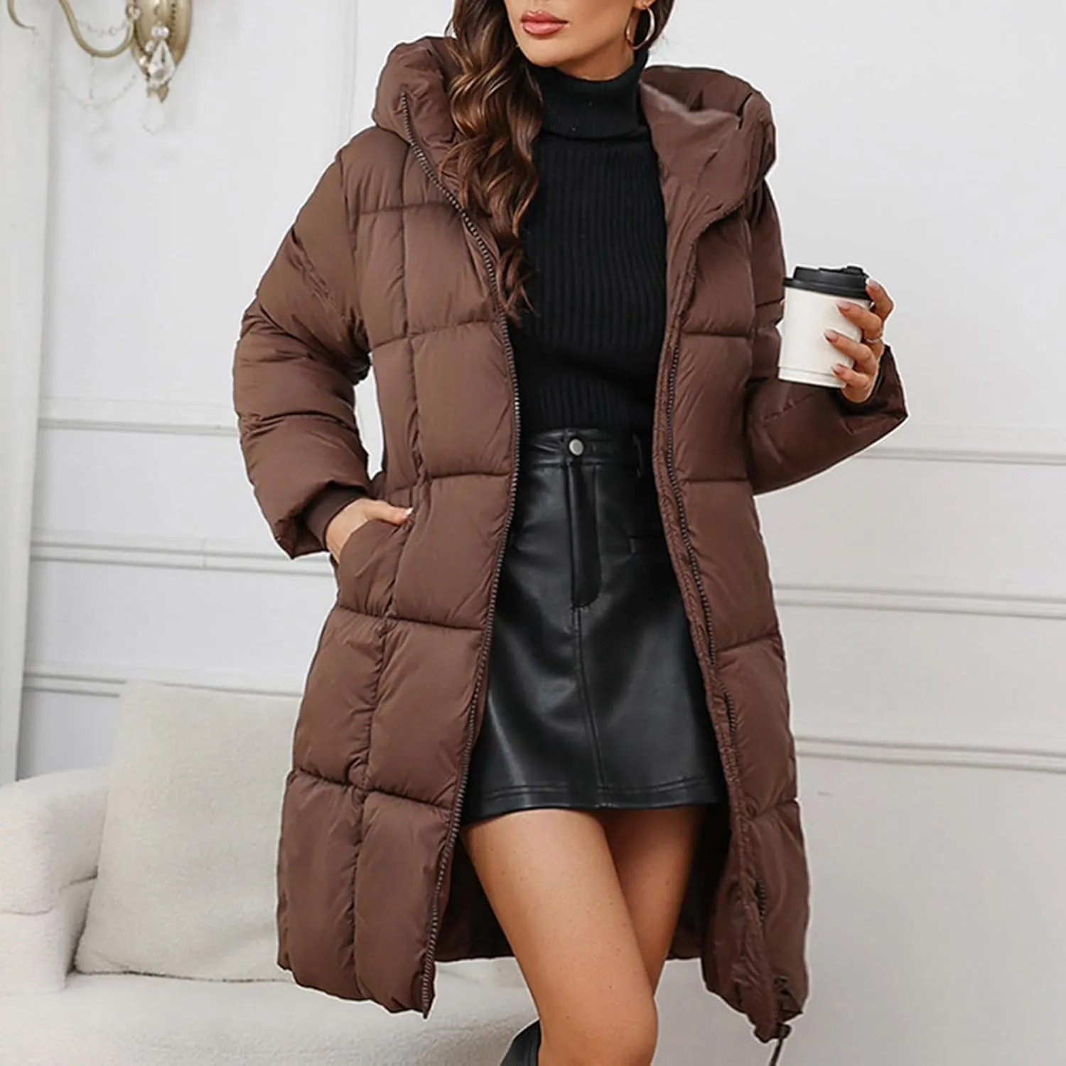 Knee Length Puffer Coat Women Winter Down Coats Full Zip Long-Sleeve Hooded Warm Quilted Jackets with Pockets
