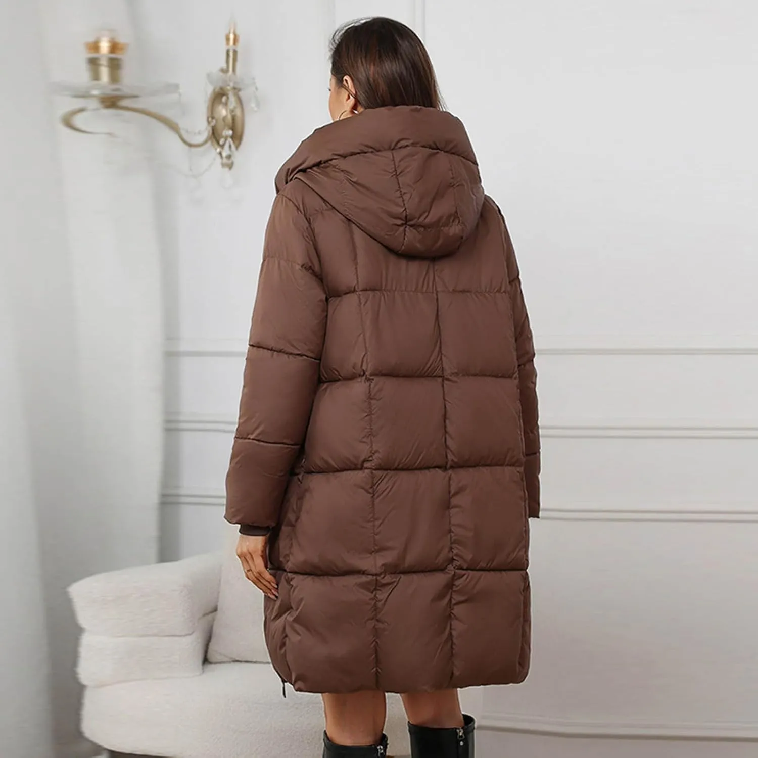 Knee Length Puffer Coat Women Winter Down Coats Full Zip Long-Sleeve Hooded Warm Quilted Jackets with Pockets