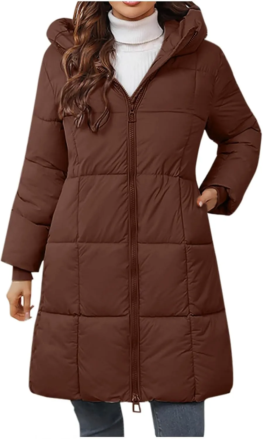 Knee Length Puffer Coat Women Winter Down Coats Full Zip Long-Sleeve Hooded Warm Quilted Jackets with Pockets
