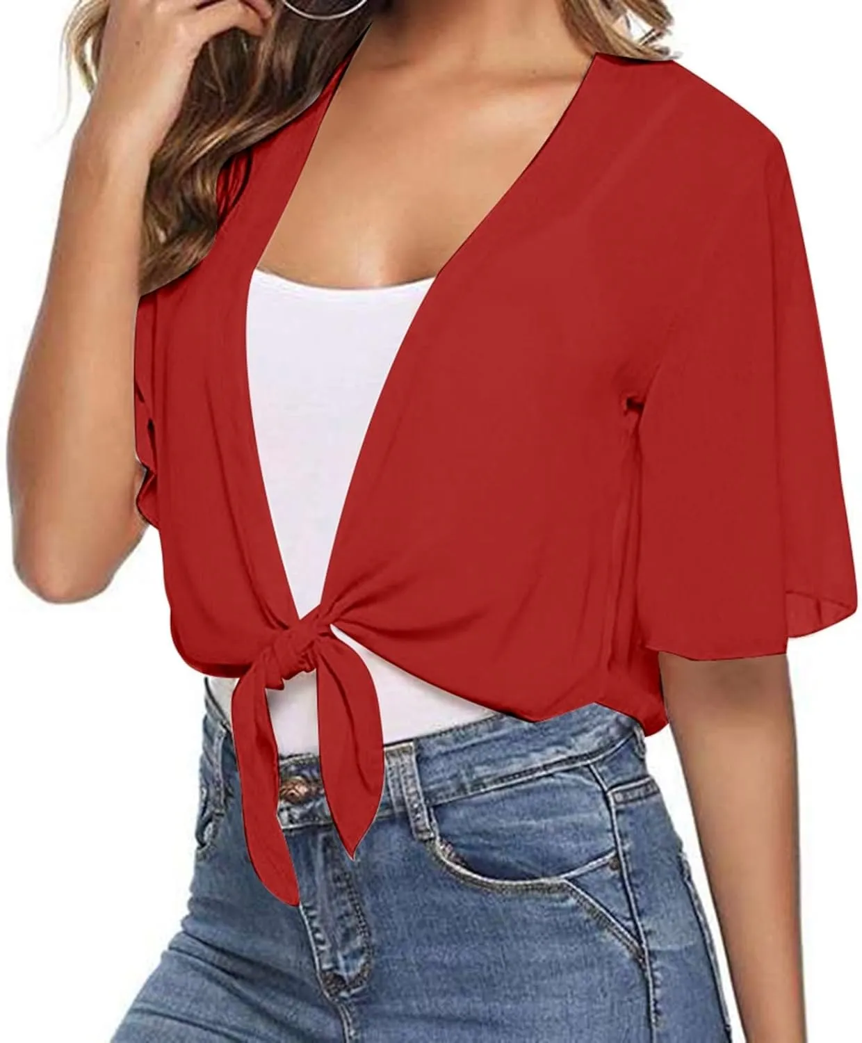 Lightweight Cardigans for Women Chiffon Sheer Shrug Short Sleeve tie Front Cardigan Summer Cropped Cardigan