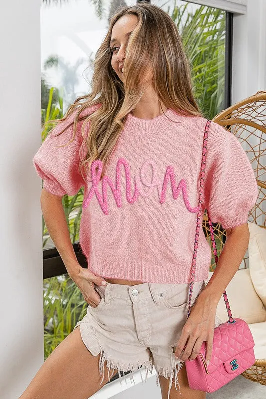 Metallic Letter "Mom" Puff Sleeve Fuzzy Sweater