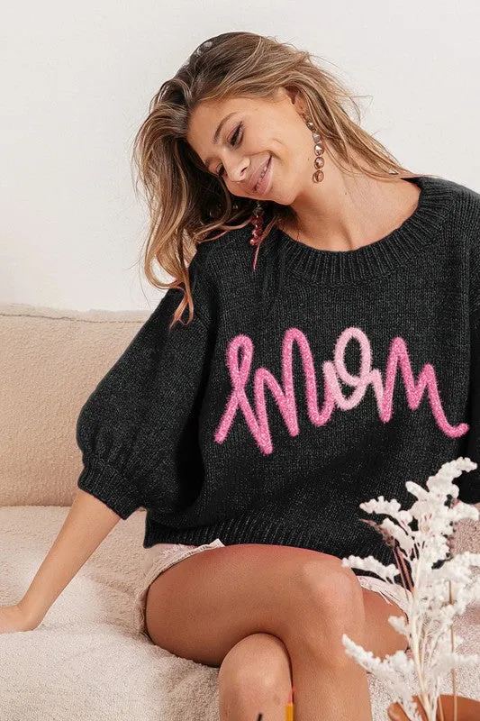 Metallic Letter "Mom" Puff Sleeve Fuzzy Sweater