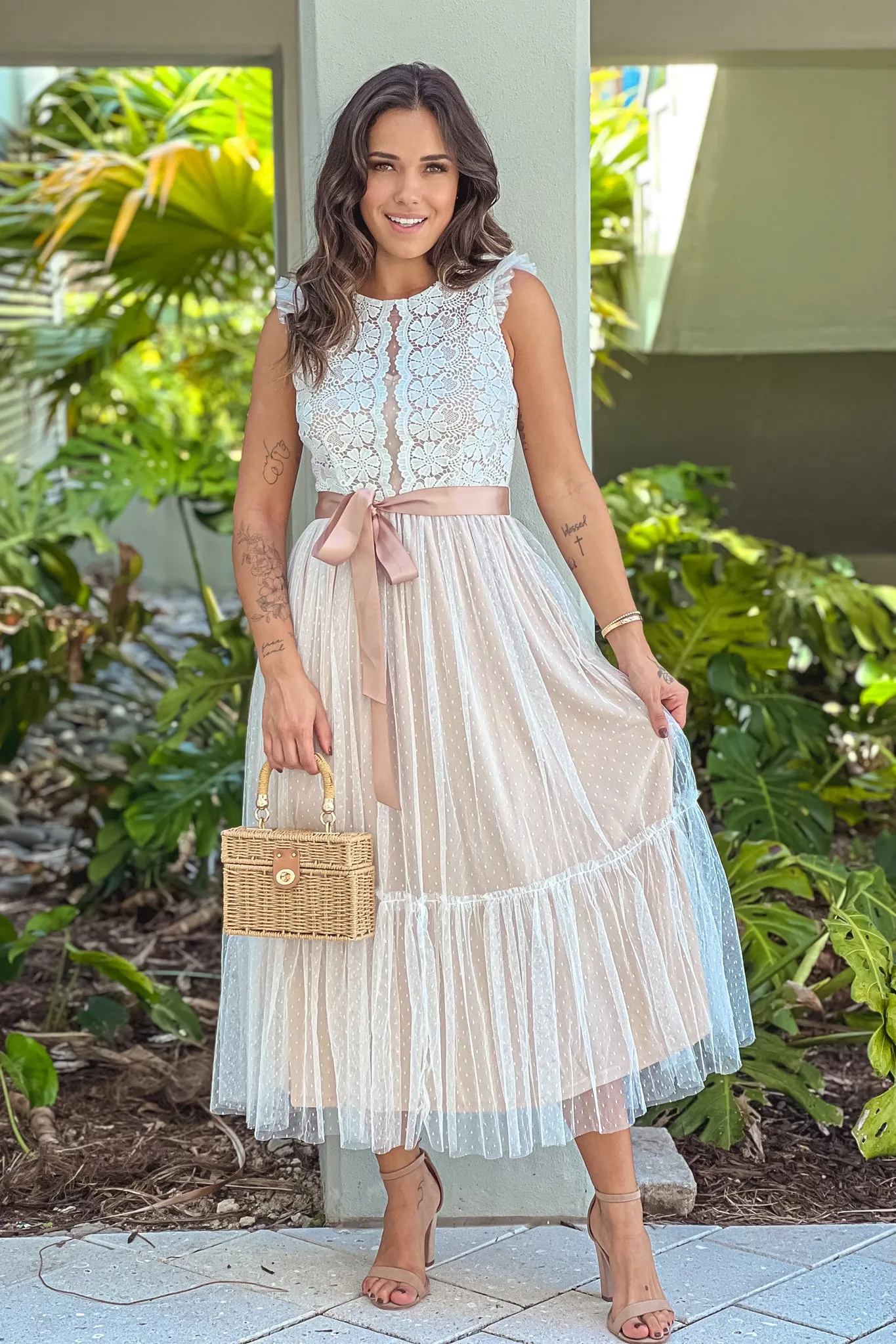 Off White Lace Dress With Satin Belt