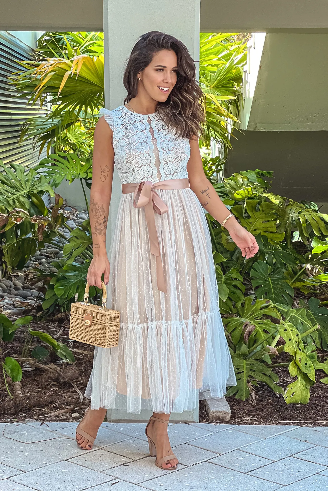 Off White Lace Dress With Satin Belt